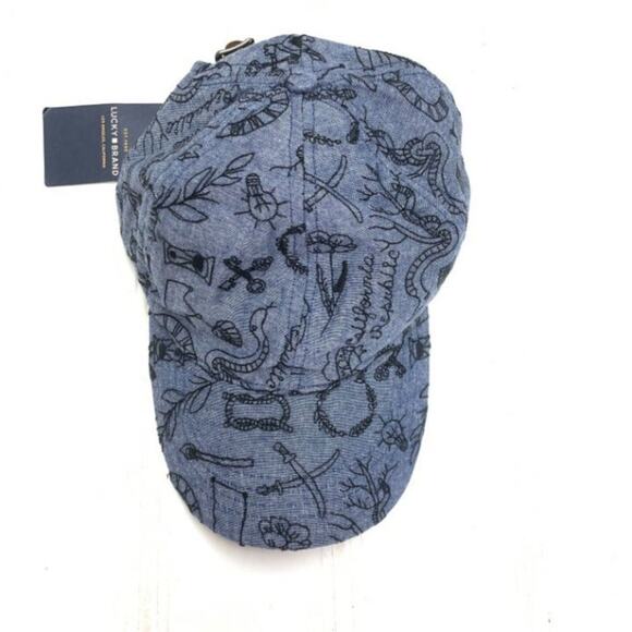 Lucky Brand All Over Embroidered Hat Navy Blue Baseball Dad Cap Artistry Cotton - Picture 2 of 8